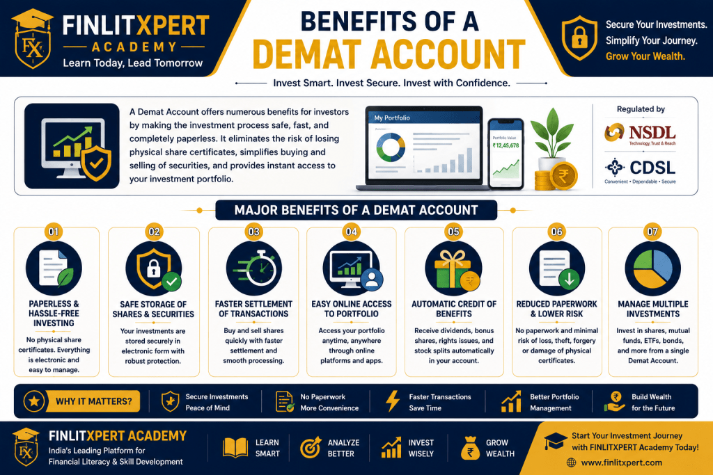 Benefits of a Demat Account including secure investing, paperless transactions, faster settlement and online portfolio management | FINLITXPERT Academy