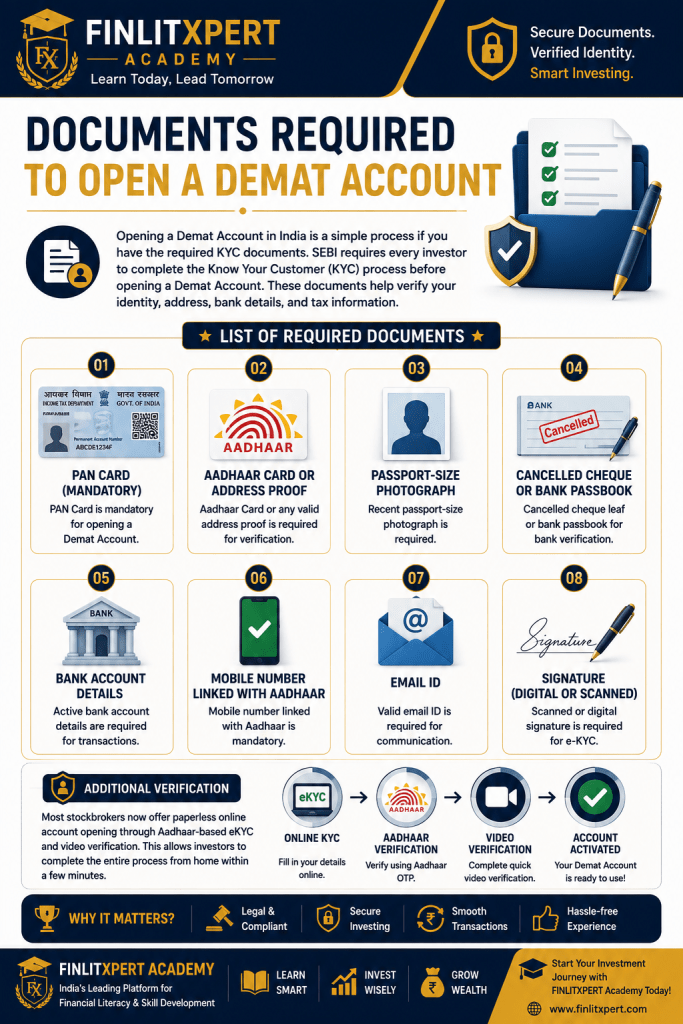 Documents required to open a Demat Account in India including PAN Card, Aadhaar Card, Bank Proof and KYC | FINLITXPERT Academy