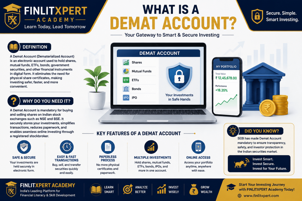 Demat Account explained for beginners showing electronic share holding and digital investing | FINLITXPERT Academy