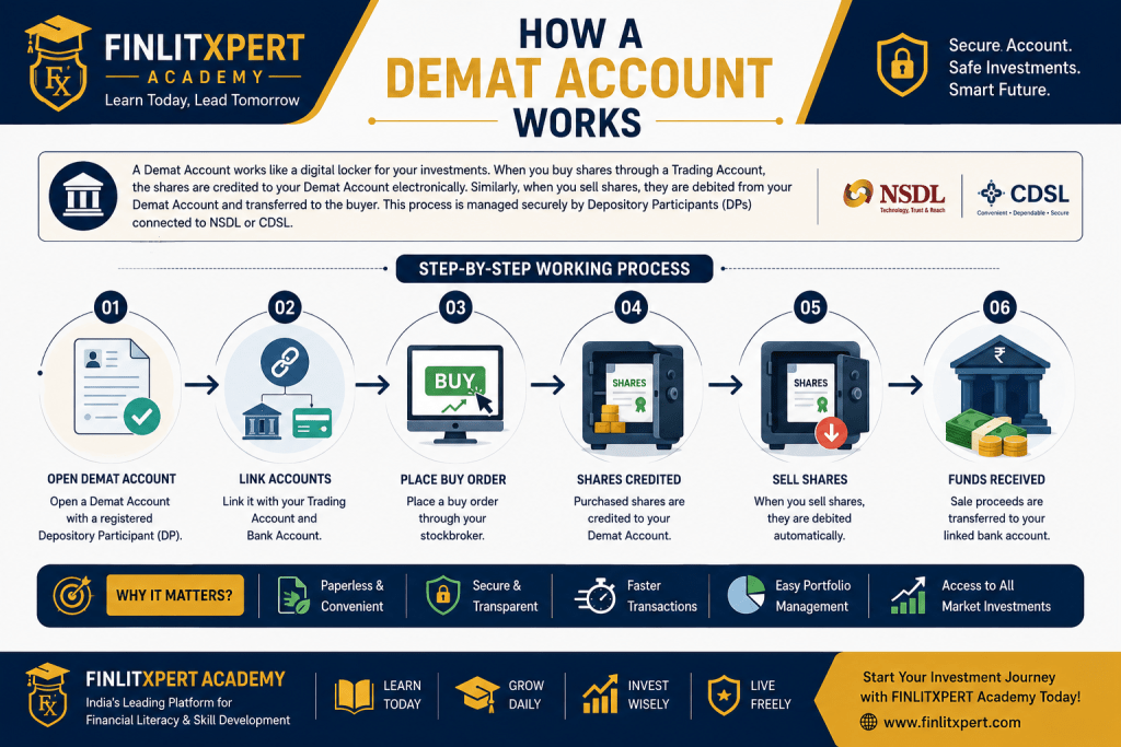 How a Demat Account works in India showing buying shares, storing investments and selling through NSE and BSE | FINLITXPERT Academy