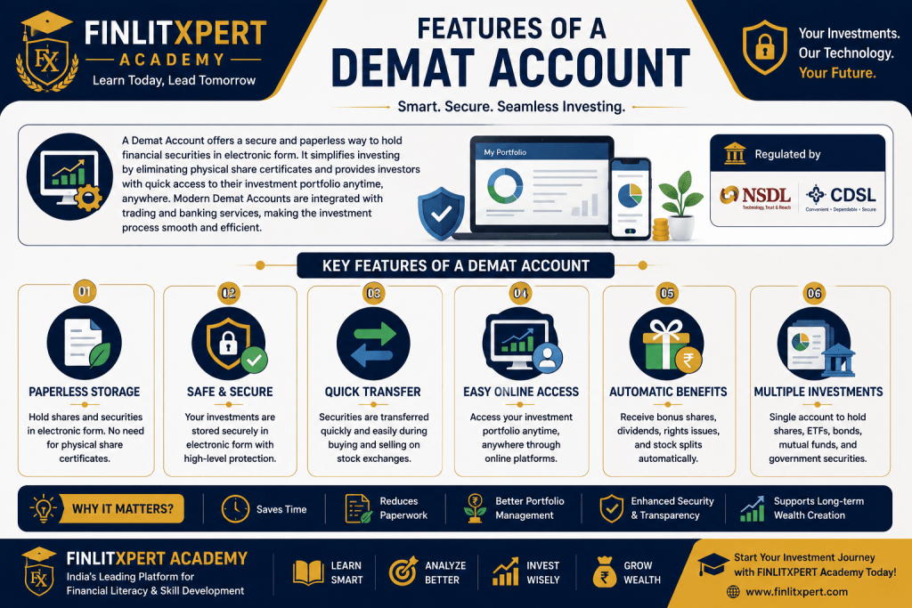 Features of a Demat Account including paperless investing, secure storage, online access and fast transactions | FINLITXPERT Academy
