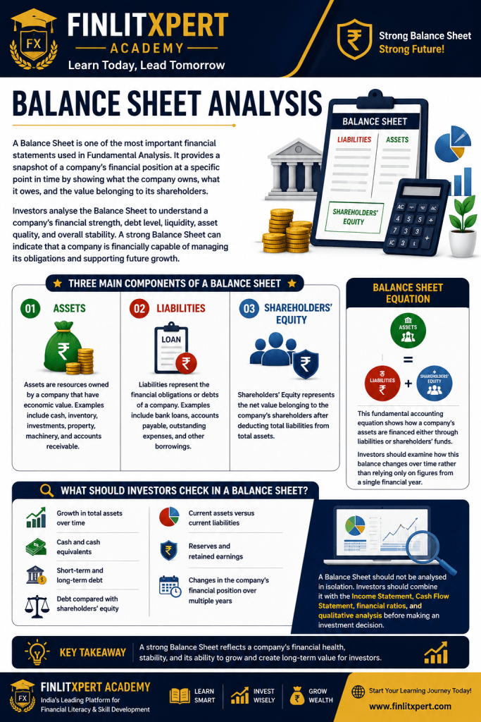 Balance Sheet Analysis showing Assets, Liabilities and Shareholders Equity for Fundamental Analysis | FINLITXPERT Academy