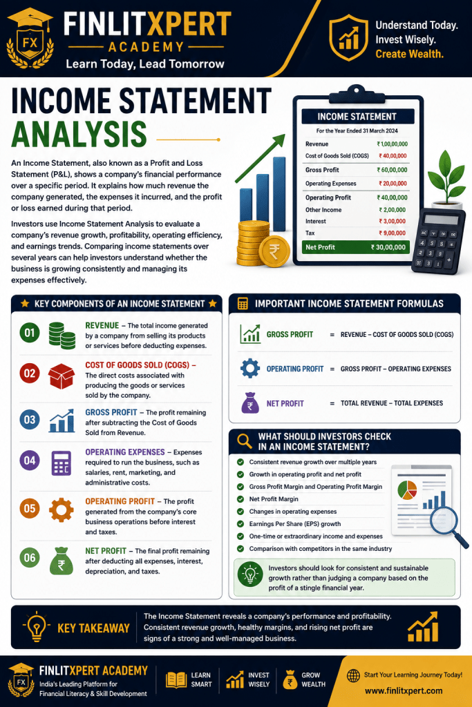 Income Statement Analysis showing Revenue, Expenses, Gross Profit, Operating Profit and Net Profit | FINLITXPERT Academy