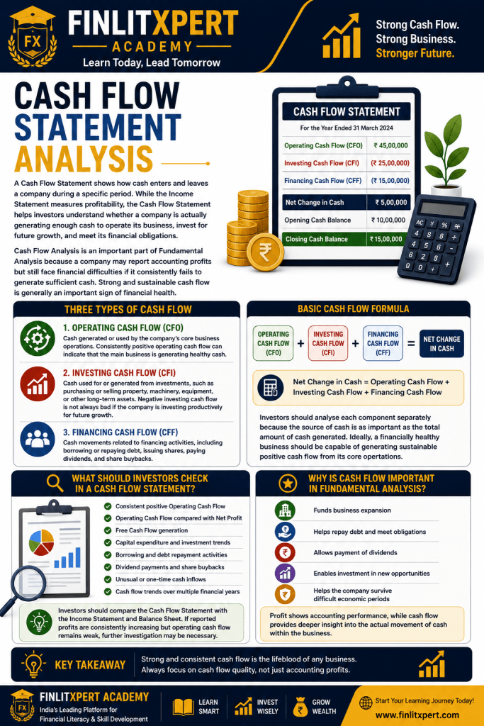 Cash Flow Statement Analysis showing Operating, Investing and Financing Cash Flow in Fundamental Analysis | FINLITXPERT Academy