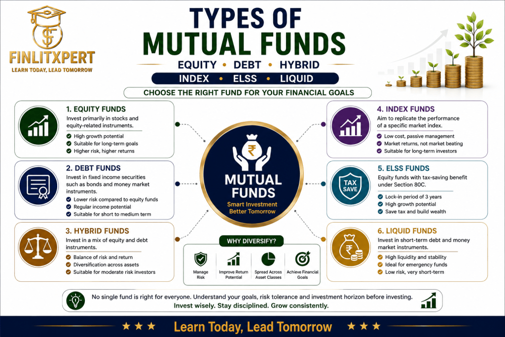 Types of Mutual Funds – Equity, Debt, Hybrid, Index, ELSS and Liquid Funds