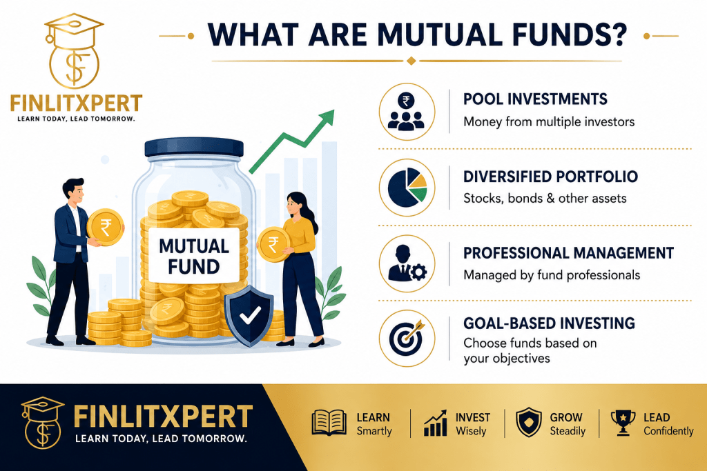 What are mutual funds infographic explaining pooled investments, diversification and professional fund management