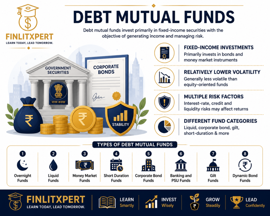 Debt mutual funds infographic explaining fixed-income investments, lower volatility, key risks and major debt fund categories