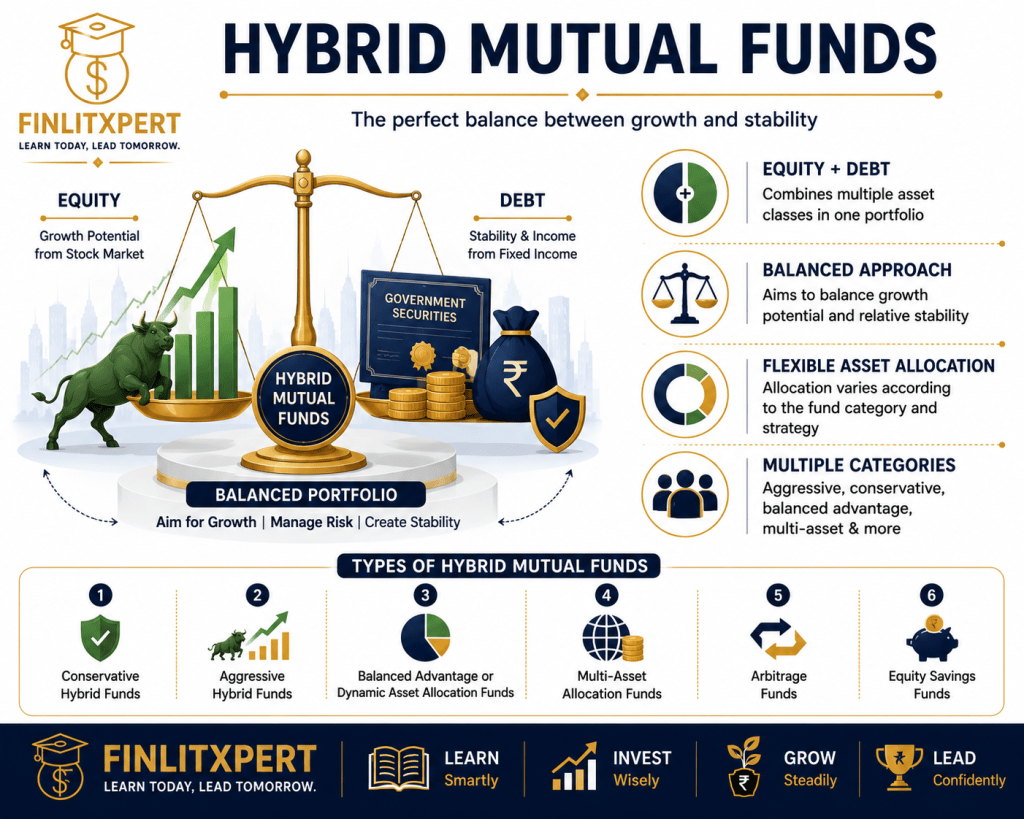 Hybrid mutual funds infographic explaining equity and debt allocation, balanced approach and major hybrid fund categories