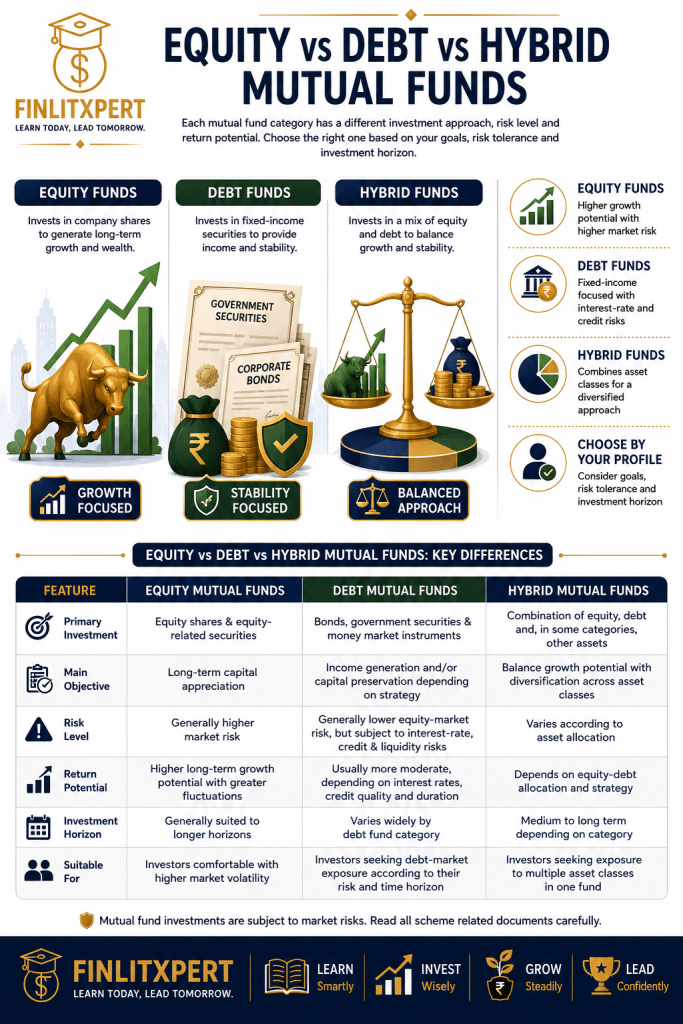 Equity vs debt vs hybrid mutual funds comparison showing differences in investment type, risk, return potential and asset allocation