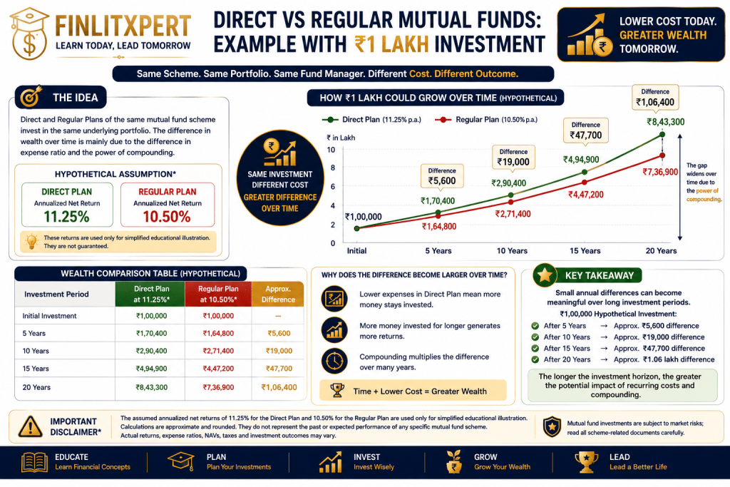 Direct vs Regular Mutual Funds ₹1 lakh investment comparison over 5, 10, 15 and 20 years – FINLITXPERT