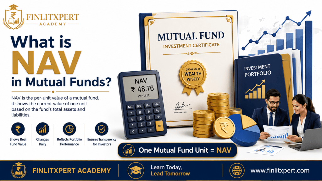 Educational infographic explaining the meaning of NAV or Net Asset Value in mutual funds.
