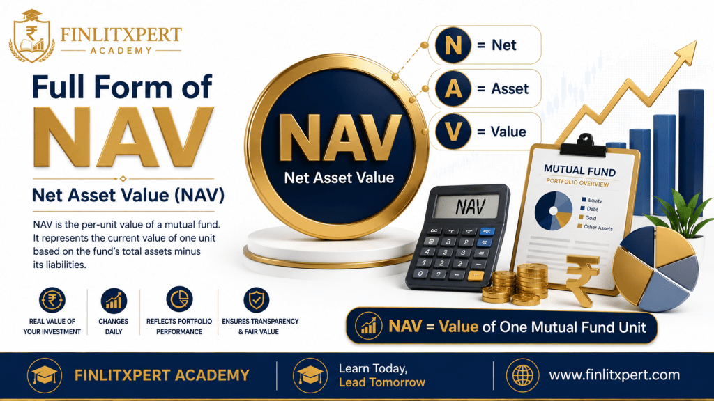 Premium infographic explaining the full form of NAV (Net Asset Value) in mutual funds by FINLITXPERT Academy.
