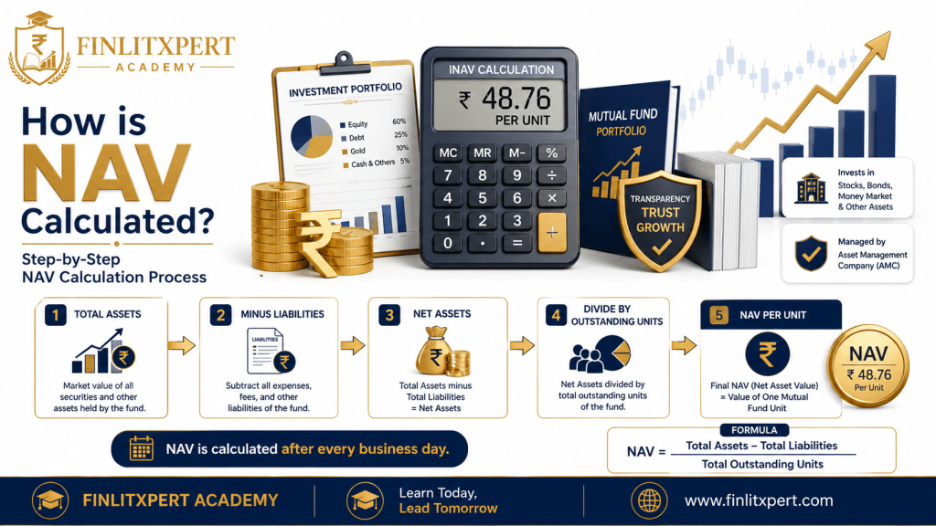 Premium infographic explaining the step-by-step calculation of NAV in mutual funds by FINLITXPERT Academy.