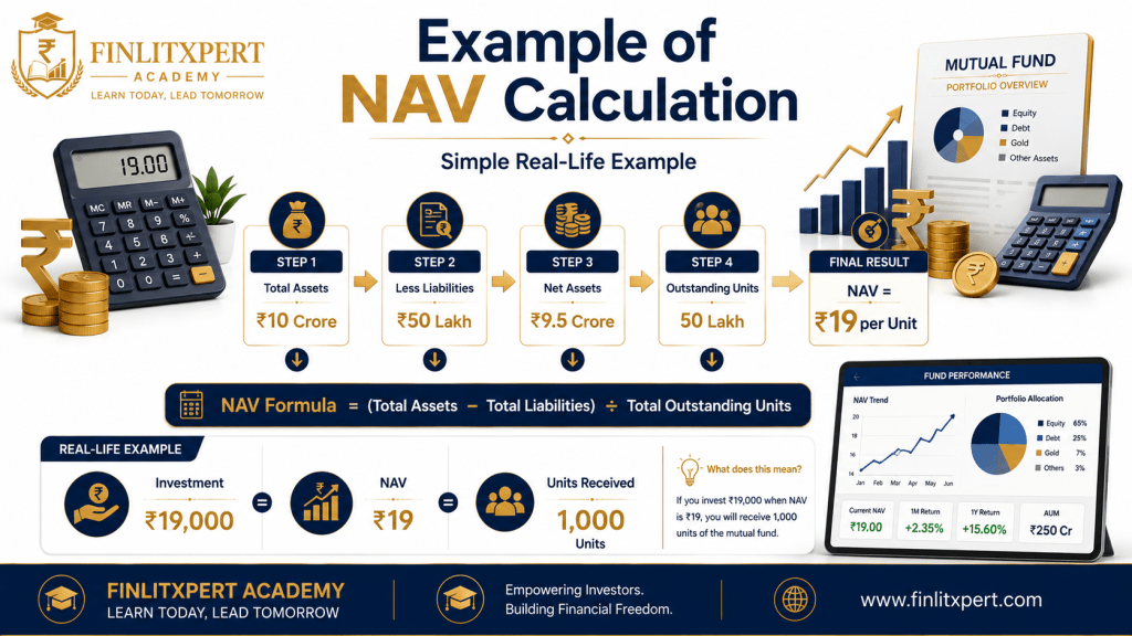 Premium infographic showing a real-life example of NAV calculation in mutual funds using assets, liabilities, and outstanding units.