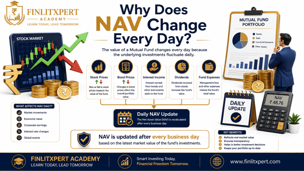 Educational infographic explaining why the NAV of mutual funds changes daily due to market movements and fund activities.