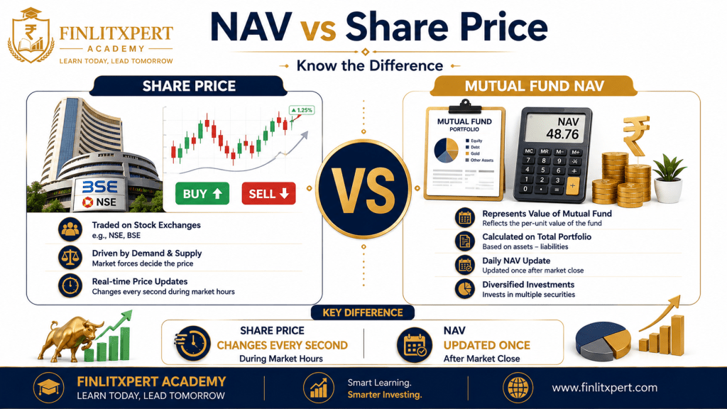 Professional infographic comparing mutual fund NAV and stock share price with key differences.