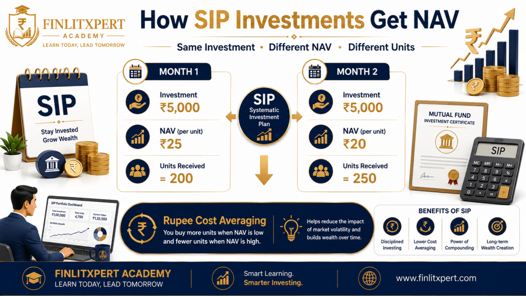 Educational infographic explaining how NAV determines the number of units allotted in SIP investments.