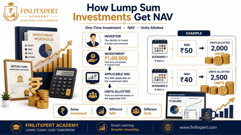 Premium infographic explaining how NAV determines unit allocation in lump sum mutual fund investments.