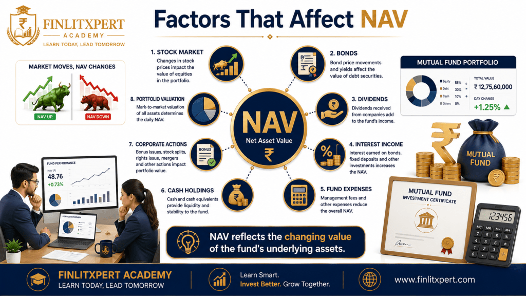 Educational infographic showing the major factors that influence the Net Asset Value (NAV) of mutual funds.