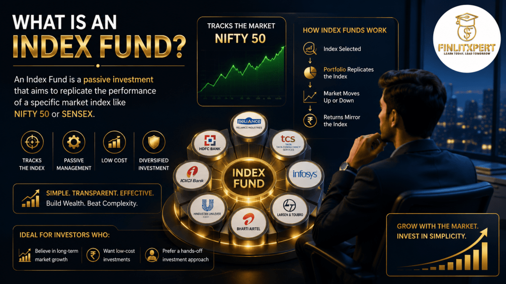 What is an Index Fund explained with premium financial illustration by FINLITXPERT Academy.
