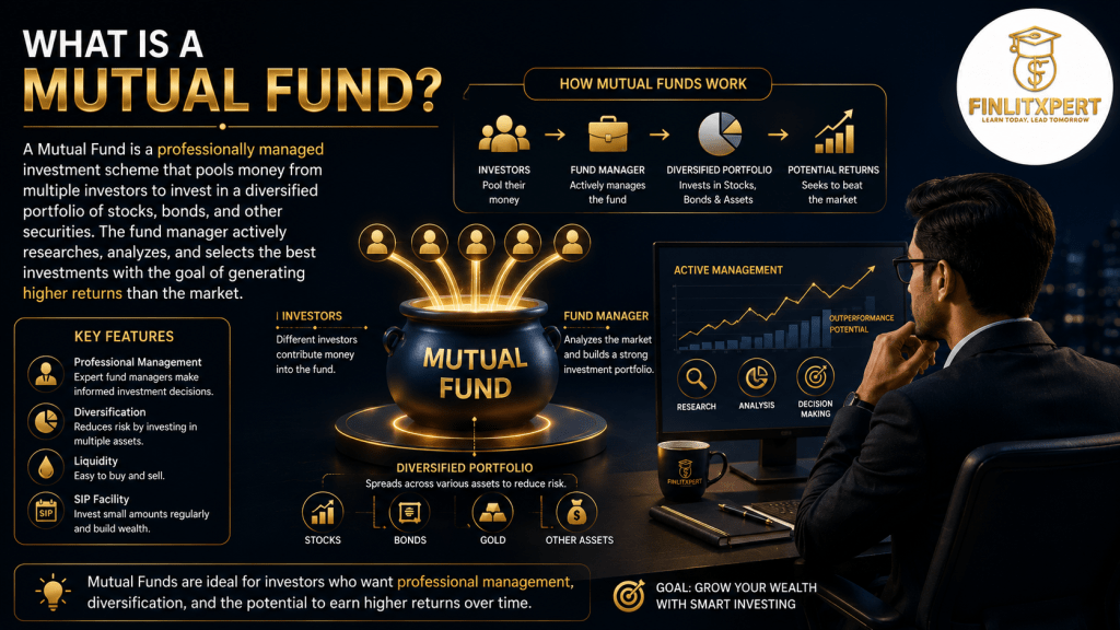 What is a Mutual Fund explained with professional financial illustration by FINLITXPERT Academy.