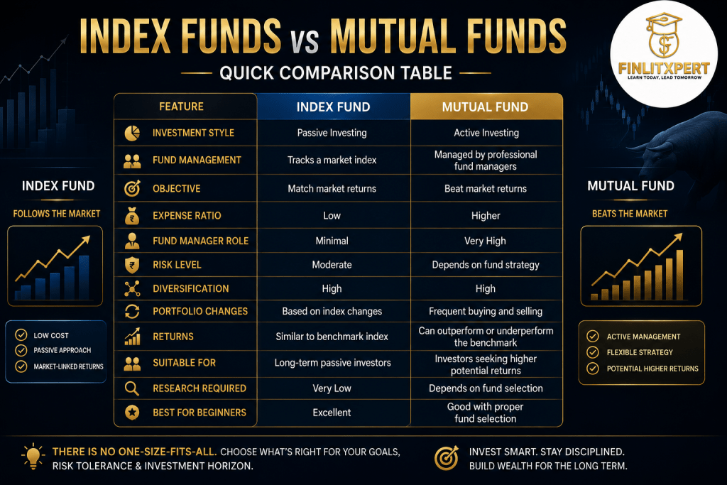Comparison table showing the key differences between Index Funds and Mutual Funds by FINLITXPERT Academy.