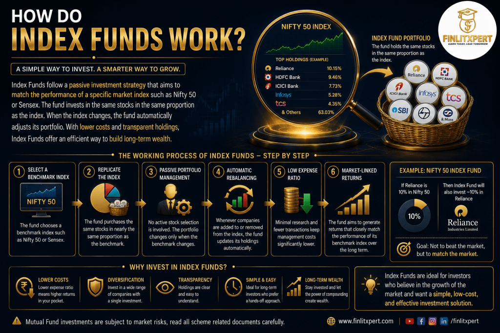 Step-by-step illustration explaining how Index Funds work by tracking a market index, created by FINLITXPERT Academy.