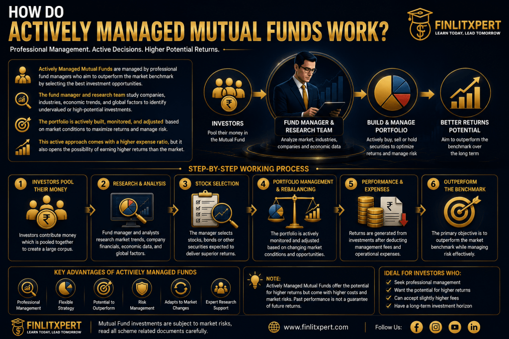 Professional infographic explaining how actively managed Mutual Funds work with fund managers, research, and portfolio management by FINLITXPERT Academy.