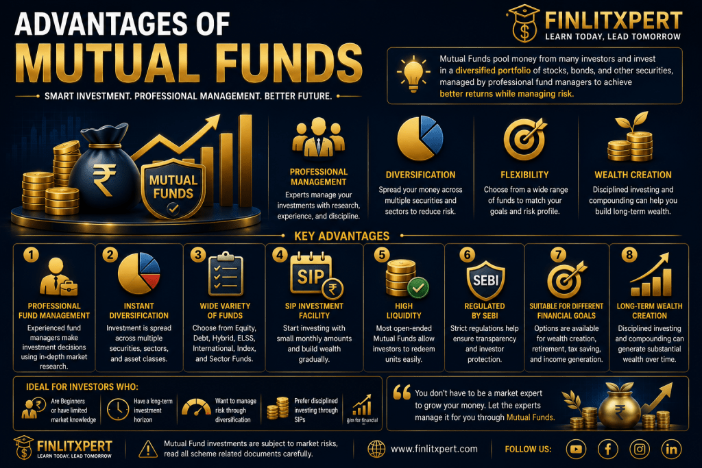 Premium educational infographic explaining the advantages of Mutual Funds by FINLITXPERT Academy.