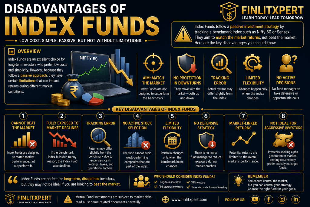 Premium educational infographic explaining the disadvantages of Index Funds by FINLITXPERT Academy.