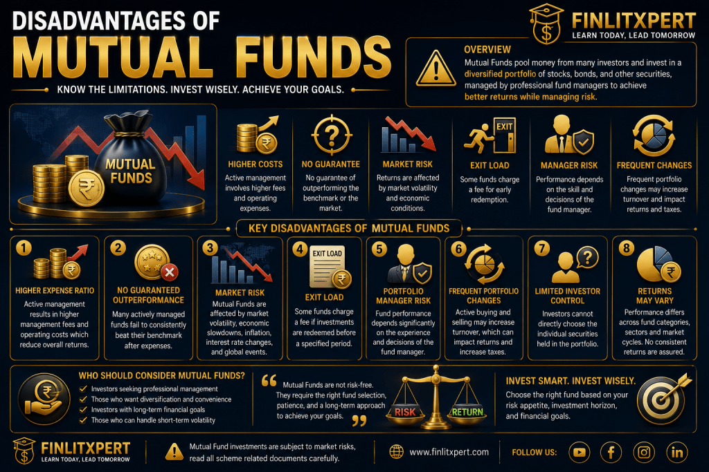 Premium educational infographic explaining the disadvantages of Mutual Funds by FINLITXPERT Academy.