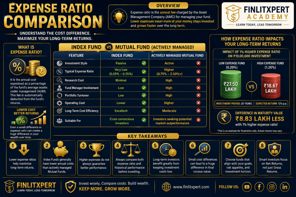 Premium infographic comparing the expense ratio of Index Funds and Mutual Funds by FINLITXPERT Academy.