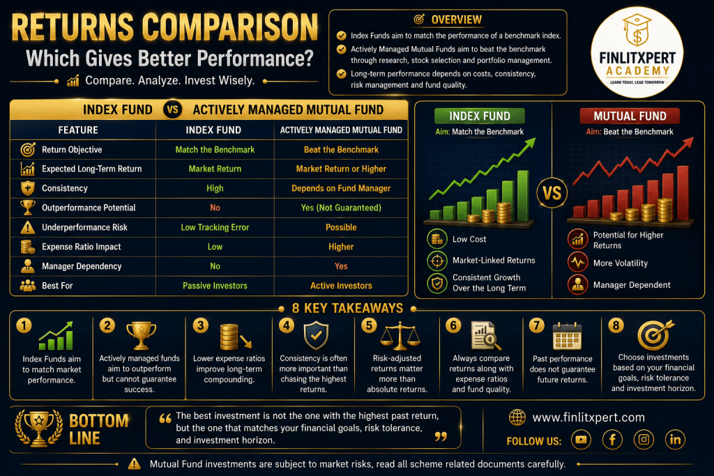 Premium infographic comparing long-term returns of Index Funds and Actively Managed Mutual Funds by FINLITXPERT Academy.
