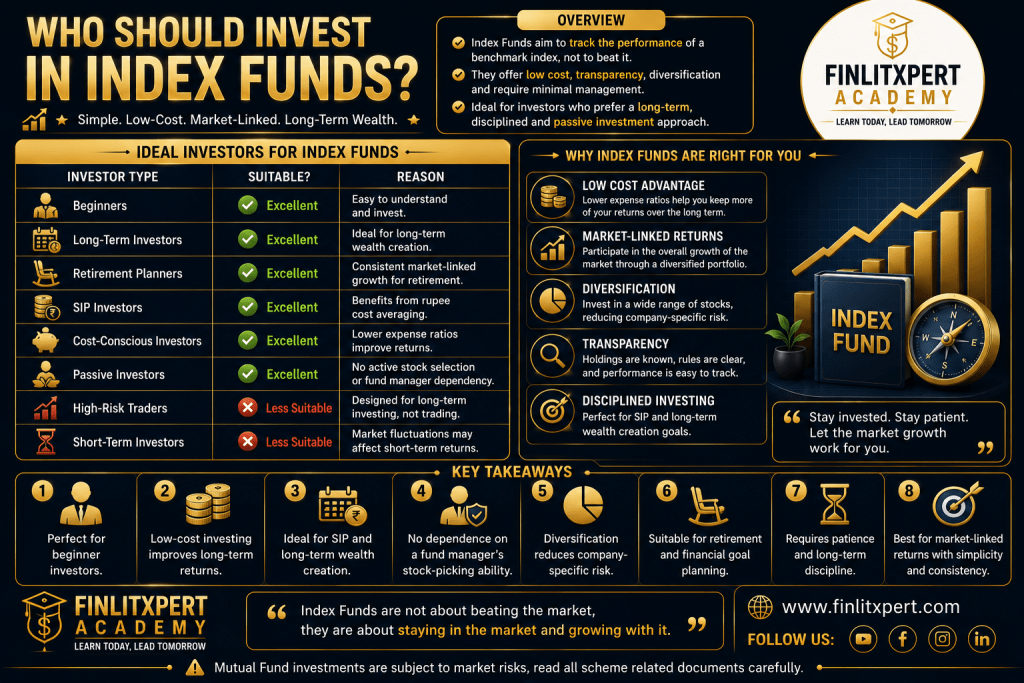 Premium infographic explaining who should invest in Index Funds, including beginner investors, SIP investors, retirement planners, and long-term wealth creators.