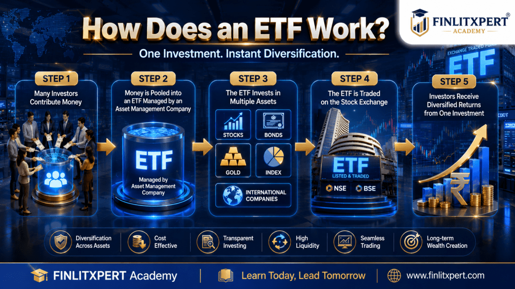 Step-by-step explanation of how an Exchange Traded Fund (ETF) works by FINLITXPERT Academy