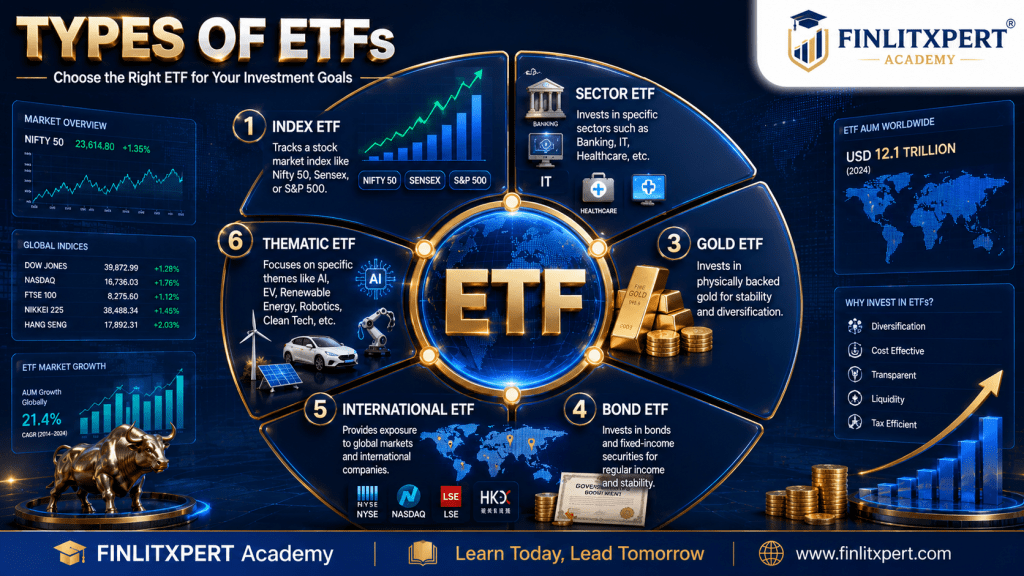 Infographic explaining different types of Exchange Traded Funds including Index, Gold, Bond, Sector, International and Thematic ETFs.