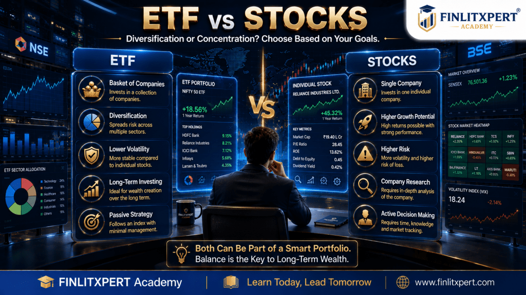 Comparison infographic explaining the differences between ETFs and individual stocks by FINLITXPERT Academy.