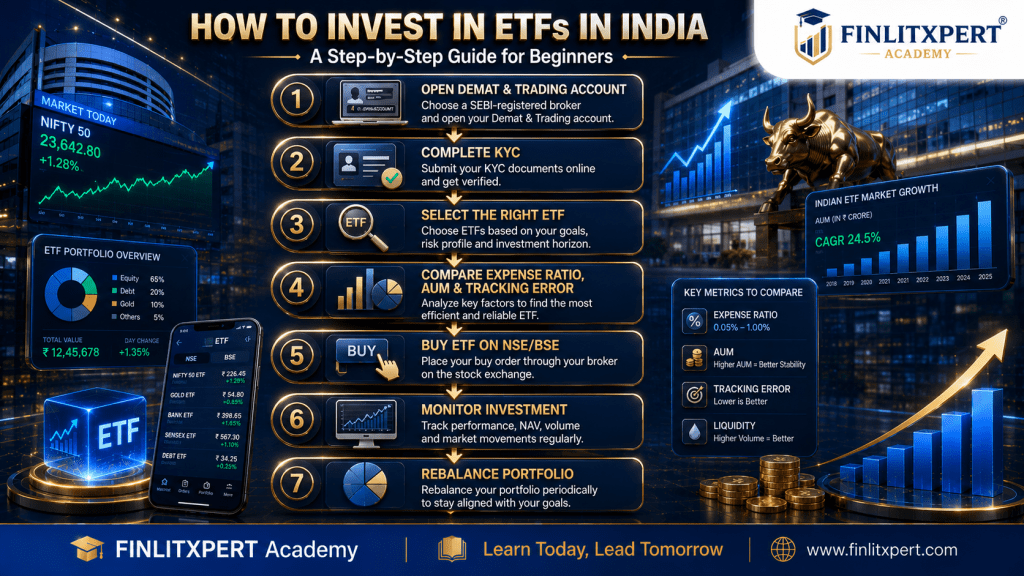 Step-by-step guide explaining how to invest in ETFs in India by FINLITXPERT Academy.