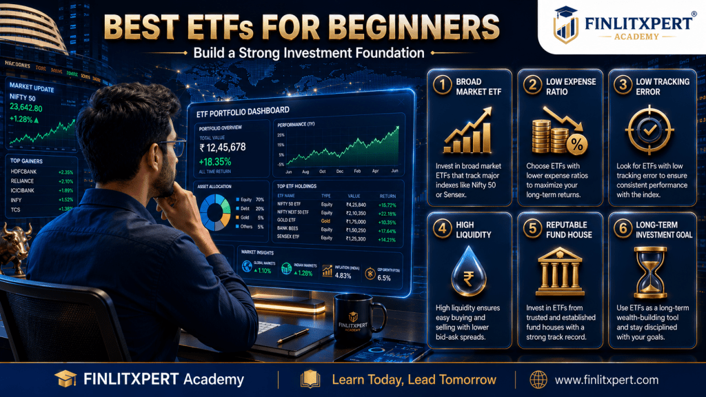 Educational infographic explaining how beginners can choose suitable ETFs based on diversification, costs, liquidity, and investment goals.