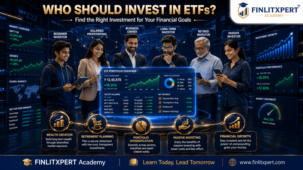 Educational infographic explaining which types of investors may find Exchange Traded Funds (ETFs) suitable.