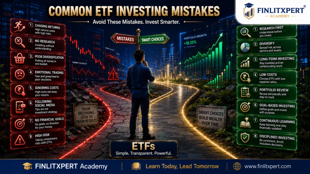 Infographic explaining common mistakes beginners make when investing in Exchange Traded Funds (ETFs) and how to avoid them.